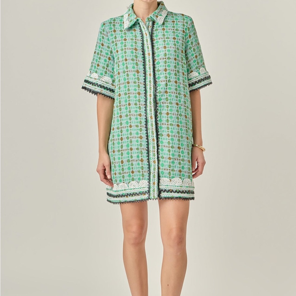 English Factory Tweed Mini Shirt Dress With Ric Rac Trim - Picture 3 of 7